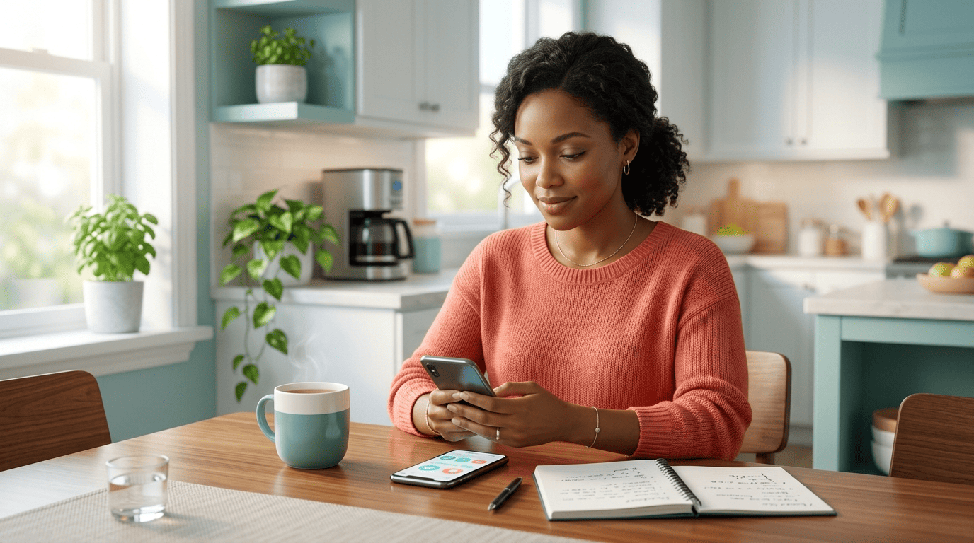 Woman at home calmly reviewing a health app on her phone before a doctor visit
