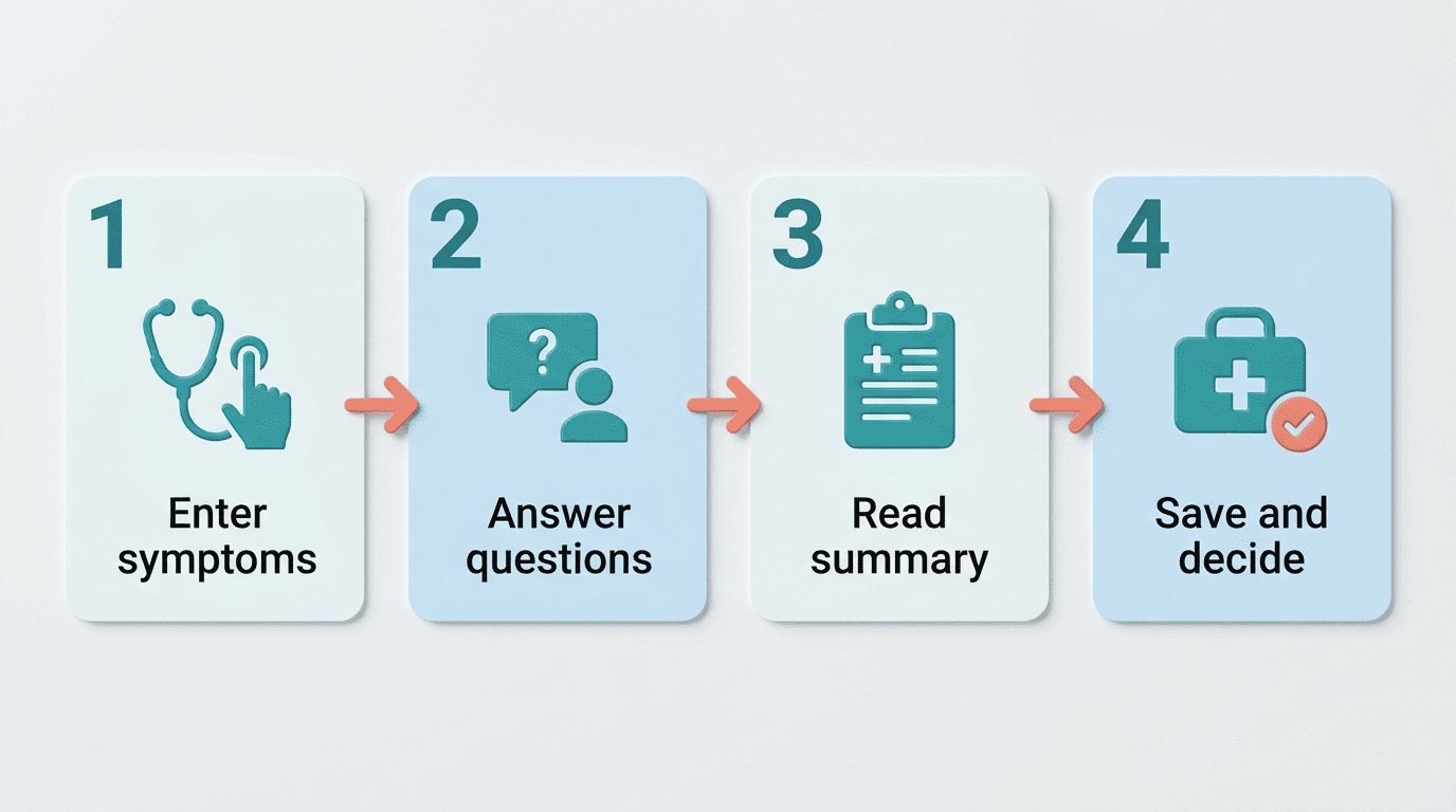 Four-step flow of using an AI symptom checker: enter symptoms, answer questions, read summary, save and decide