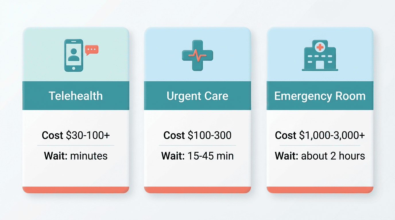 Comparison of telehealth, urgent care, and emergency room by cost and typical wait time