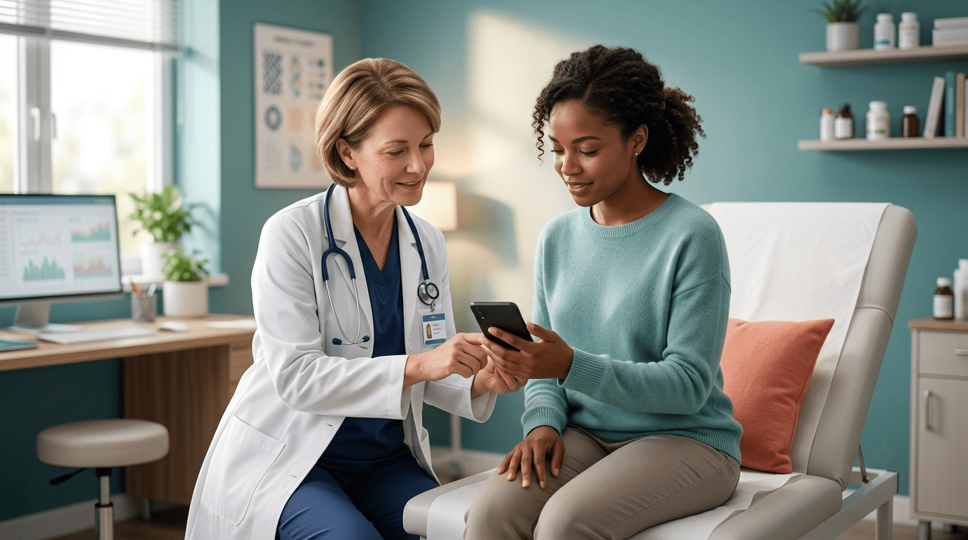 Doctor and patient reviewing an AI symptom checker summary together on a phone in a clinic