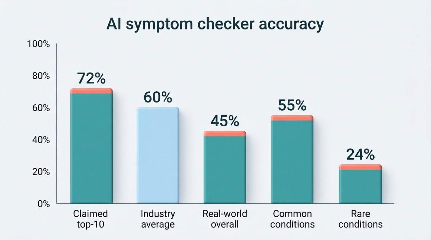 Bar chart: claimed 72% vs real-world 45% AI symptom checker accuracy, higher for common conditions