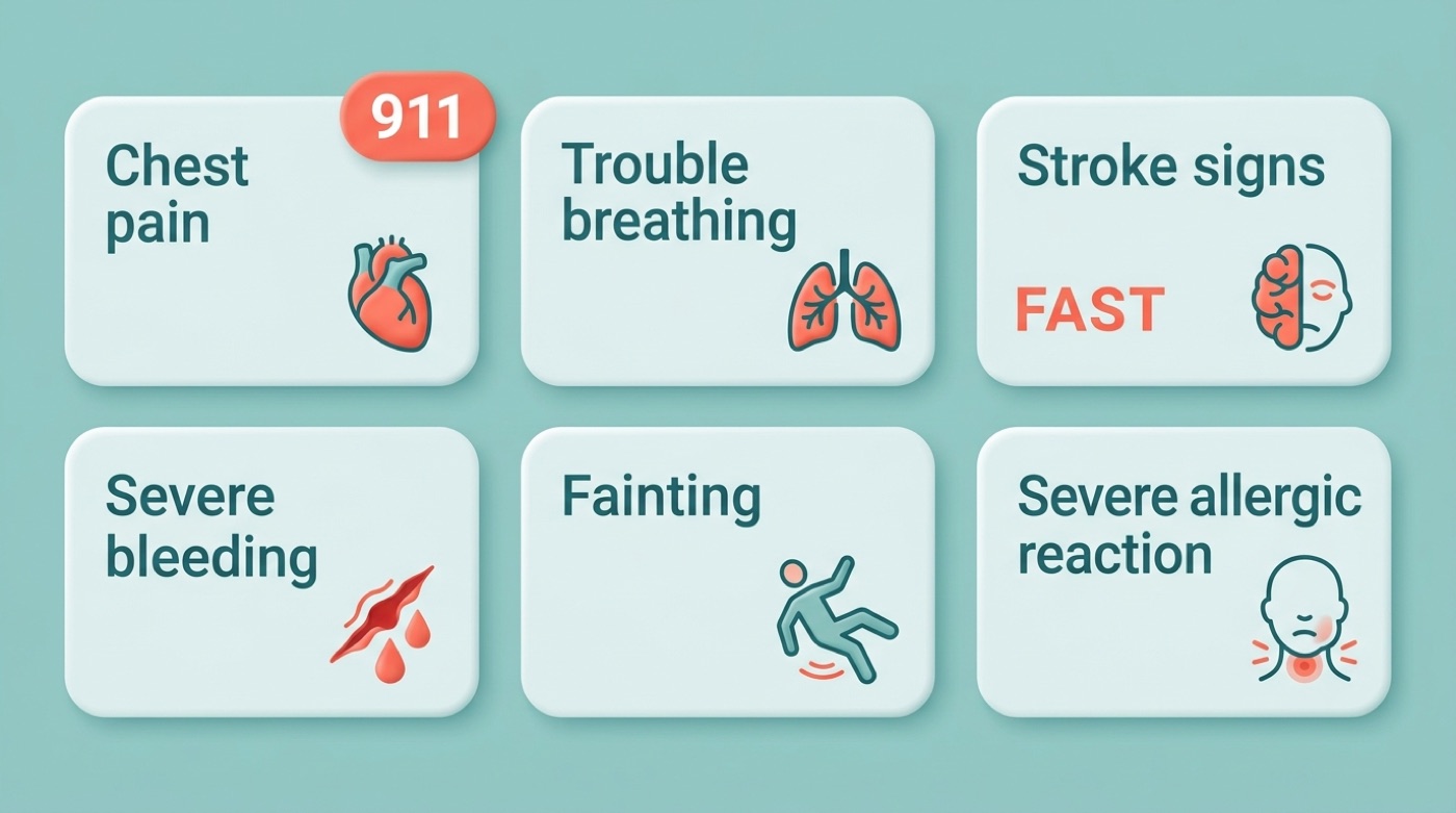 Red-flag symptoms that mean call 911: chest pain, trouble breathing, stroke signs, severe bleeding, fainting, allergic reaction