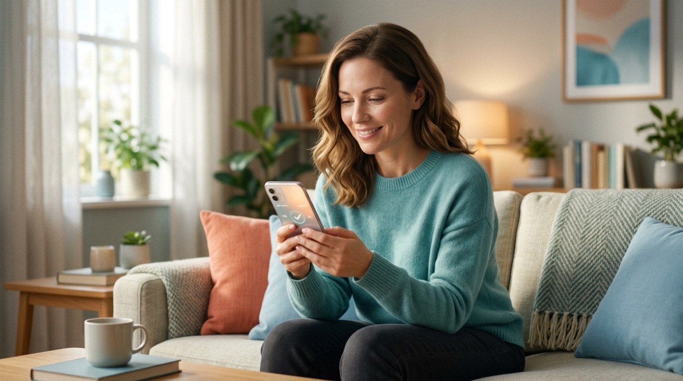 A person calmly checking their symptoms on a health app at home