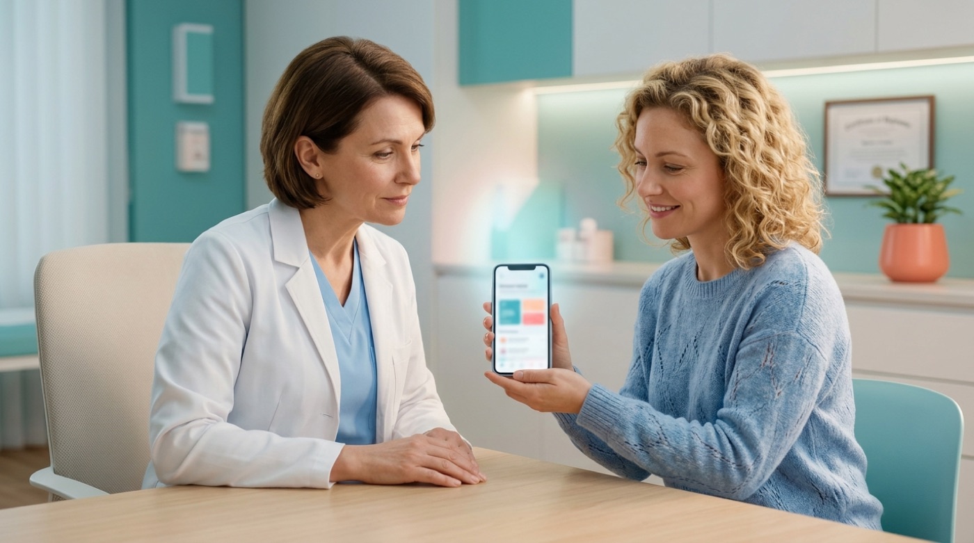 A patient shows symptom checker results on their phone to a doctor during a visit