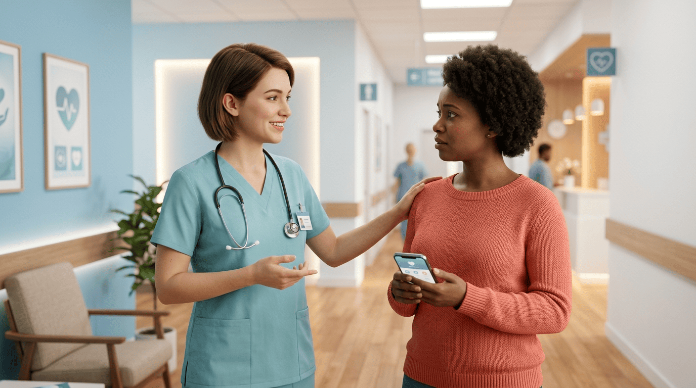 A medical guide reassures a person holding a health app, pointing to the next step of care
