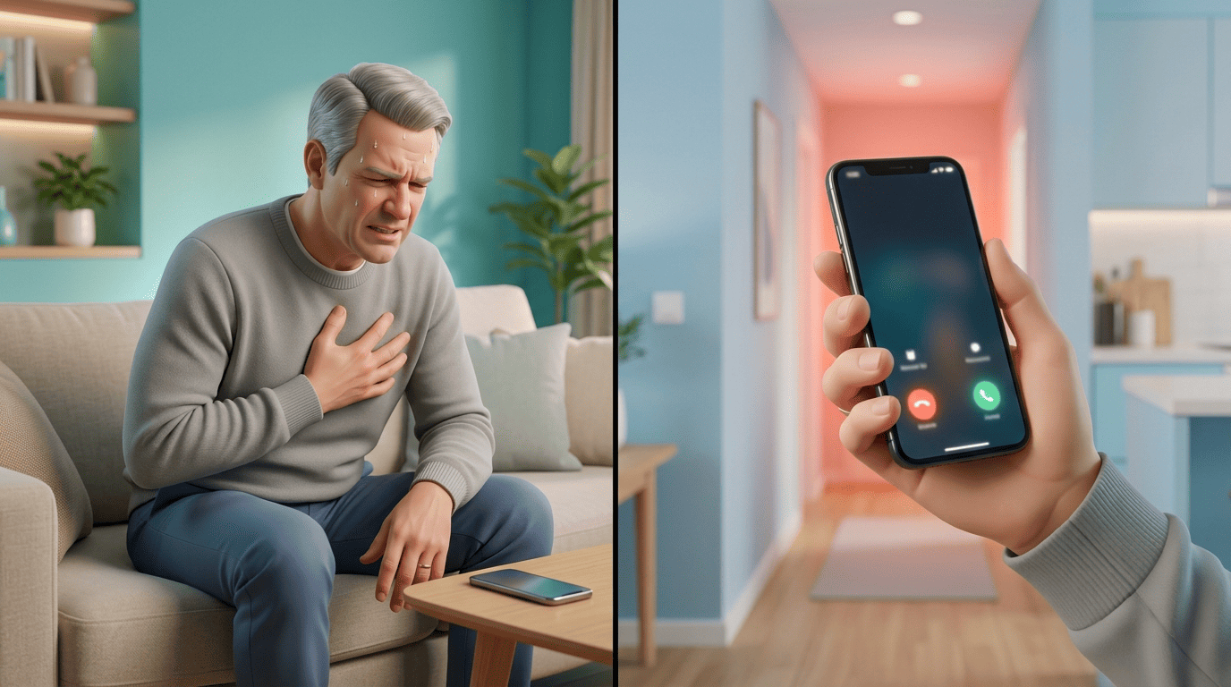 A man clutches his chest in pain while another hand reaches for a phone to call for emergency help