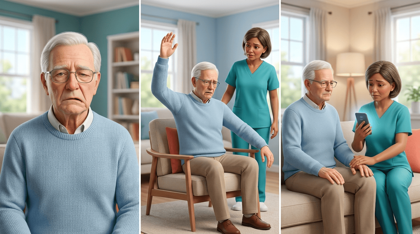 Three panels showing stroke FAST signs — face drooping, arm weakness, and a caregiver dialing for help