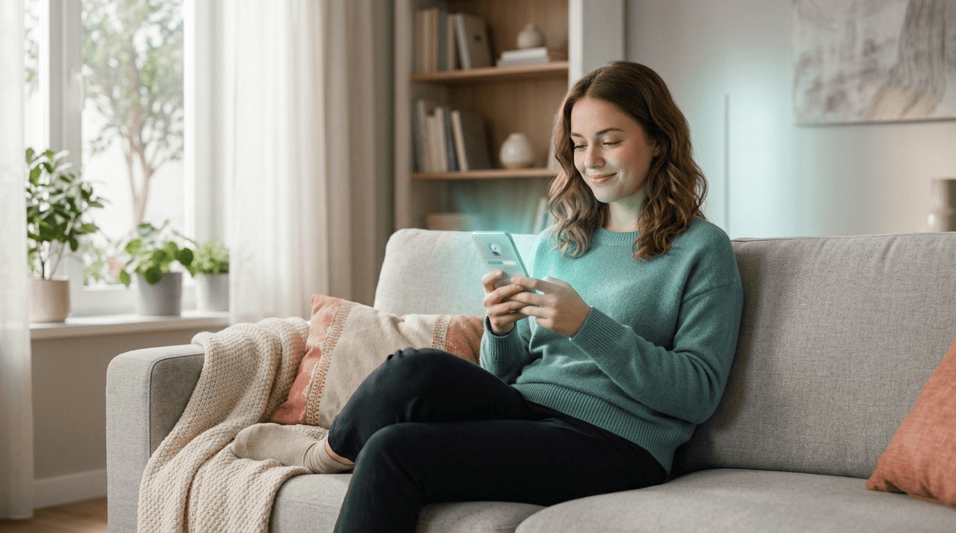 A woman calmly reviews a health app on her phone at home, guided through questions and urgency levels