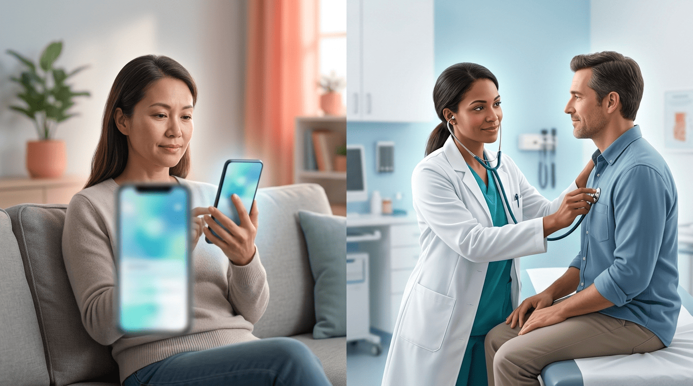 Split image of a person using a health app at home versus a doctor examining a patient with a stethoscope