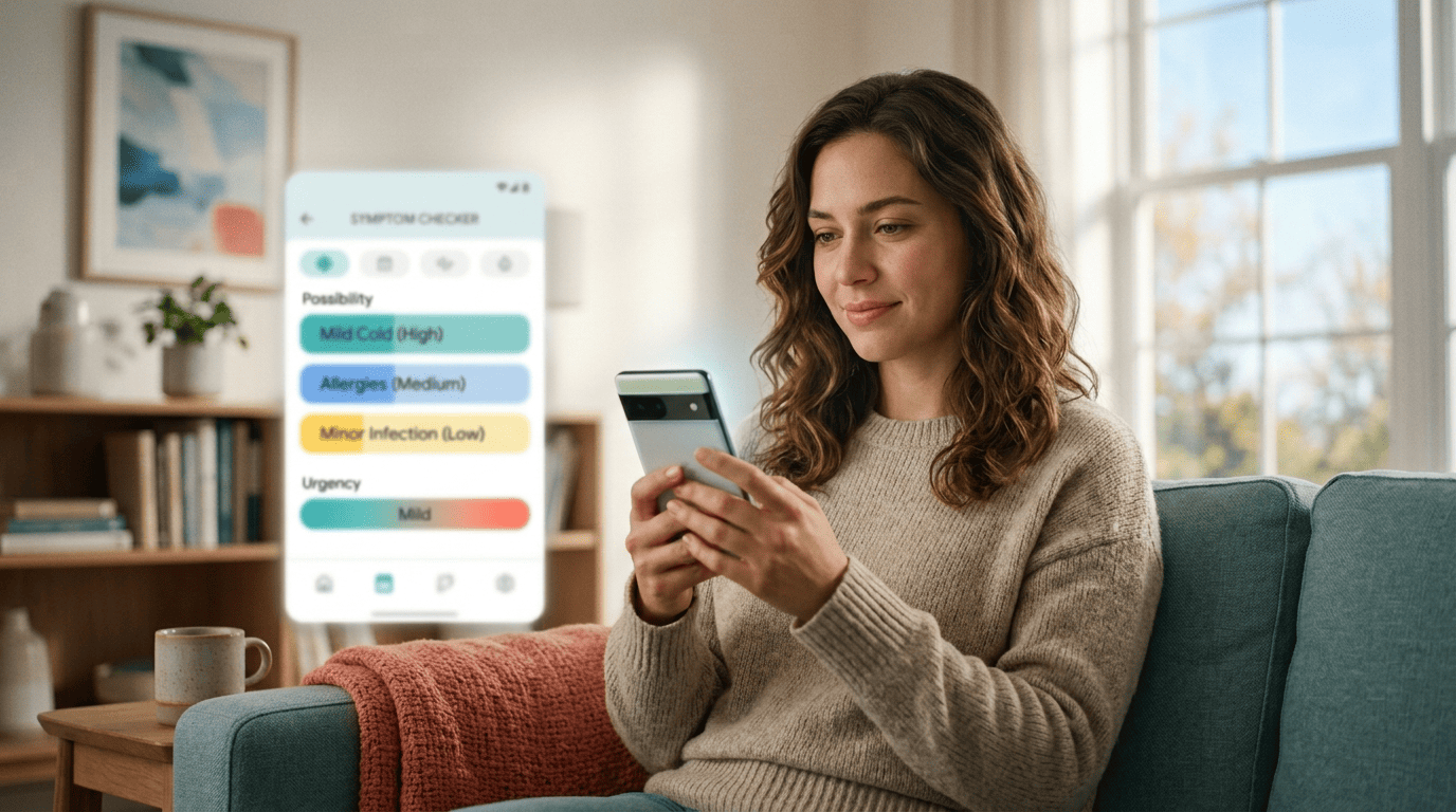 A person at home entering symptoms into an AI symptom checker app on a phone