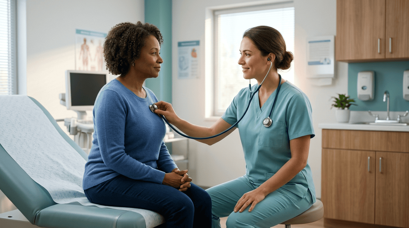 A physician examining a patient with a stethoscope in a clinic