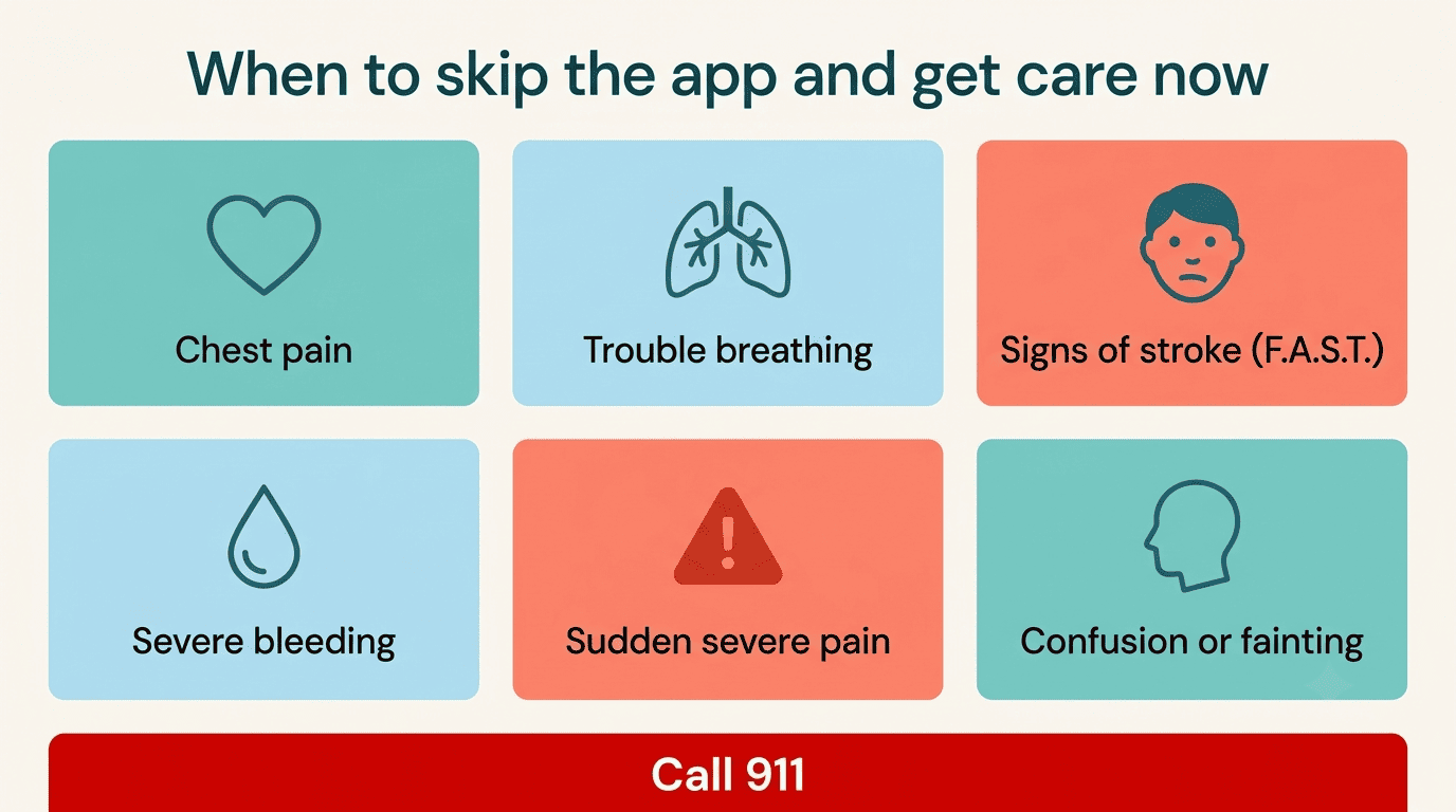 Checklist of red-flag emergency symptoms with a call 911 banner