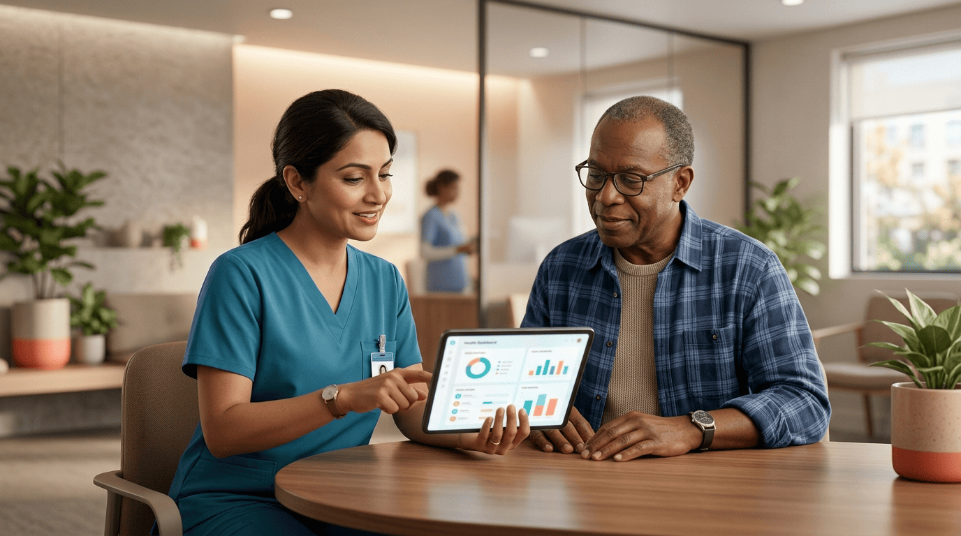 A doctor and patient reviewing a health dashboard on a tablet together